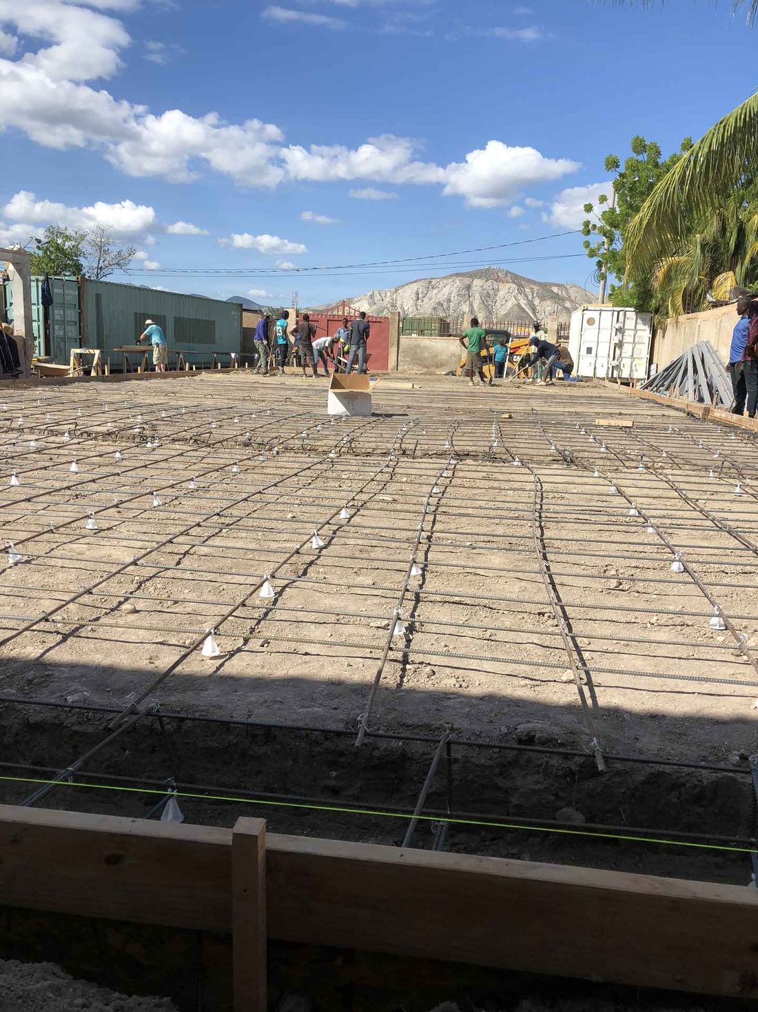 Steel reinforcement laid out ready for a concrete pour